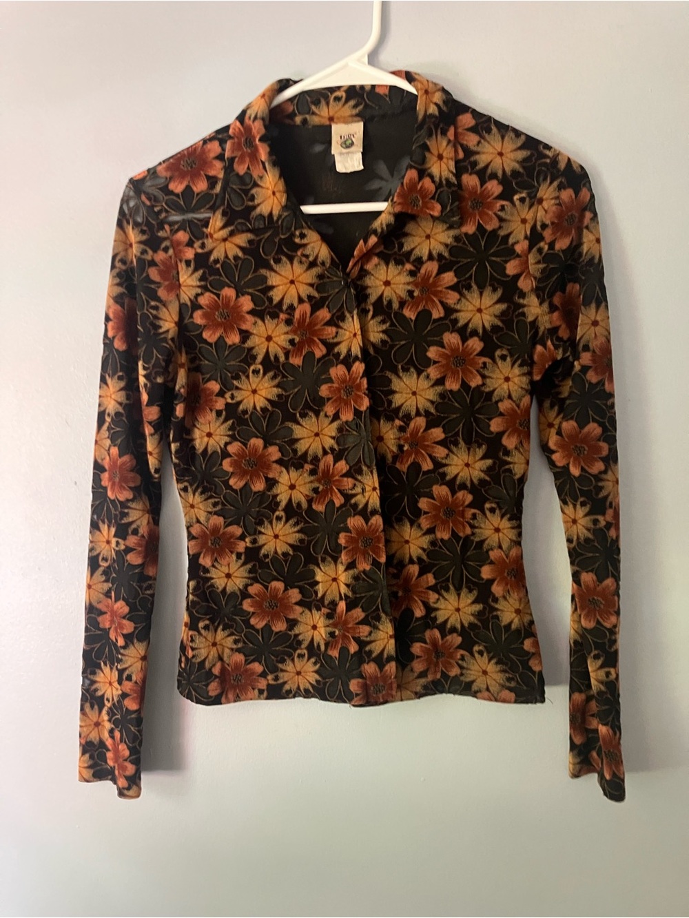 Mor 1990’s Black Floral Button-Up Top with Orange & Yellow Flowers